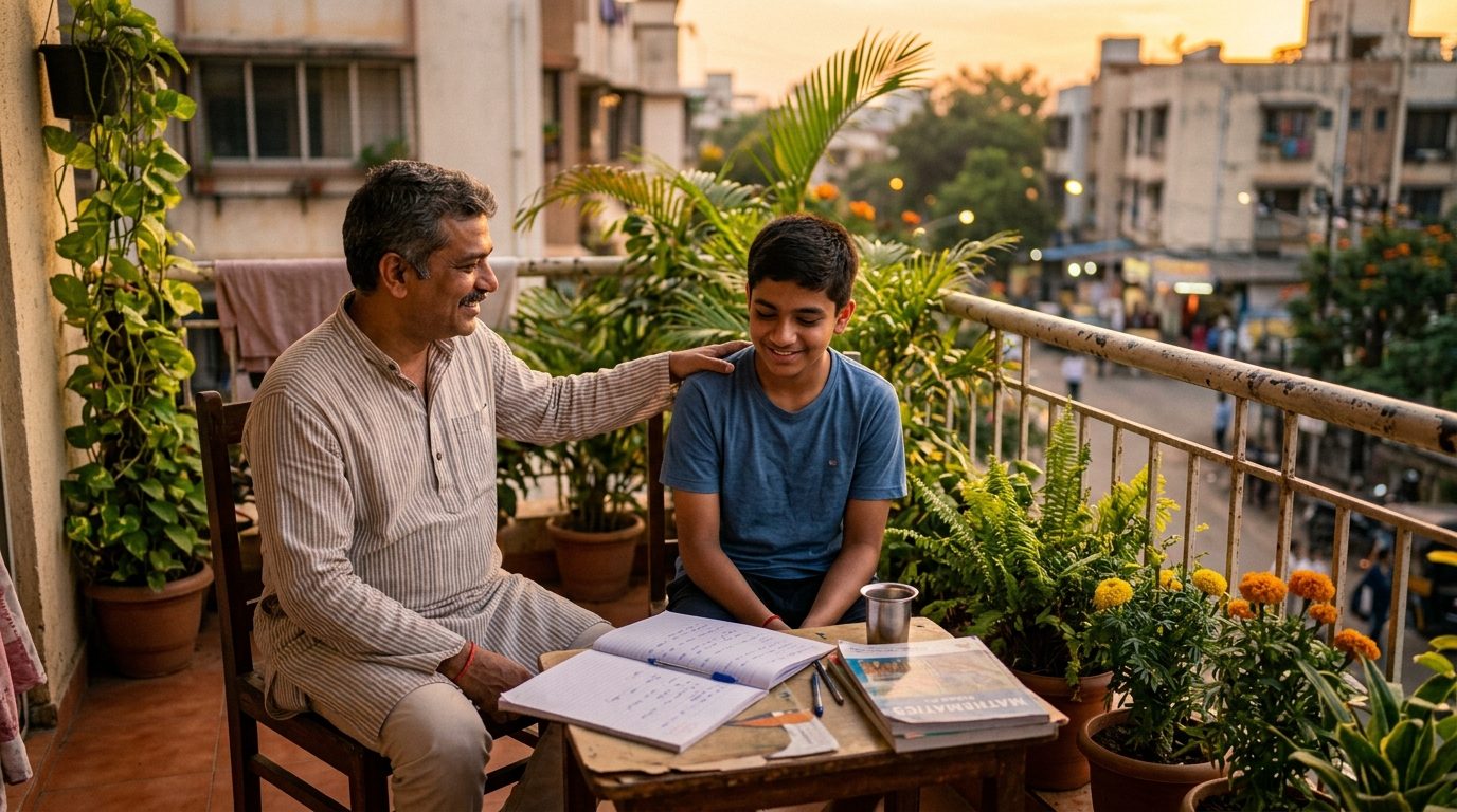 A father and son talking together on a balcony over schoolwork