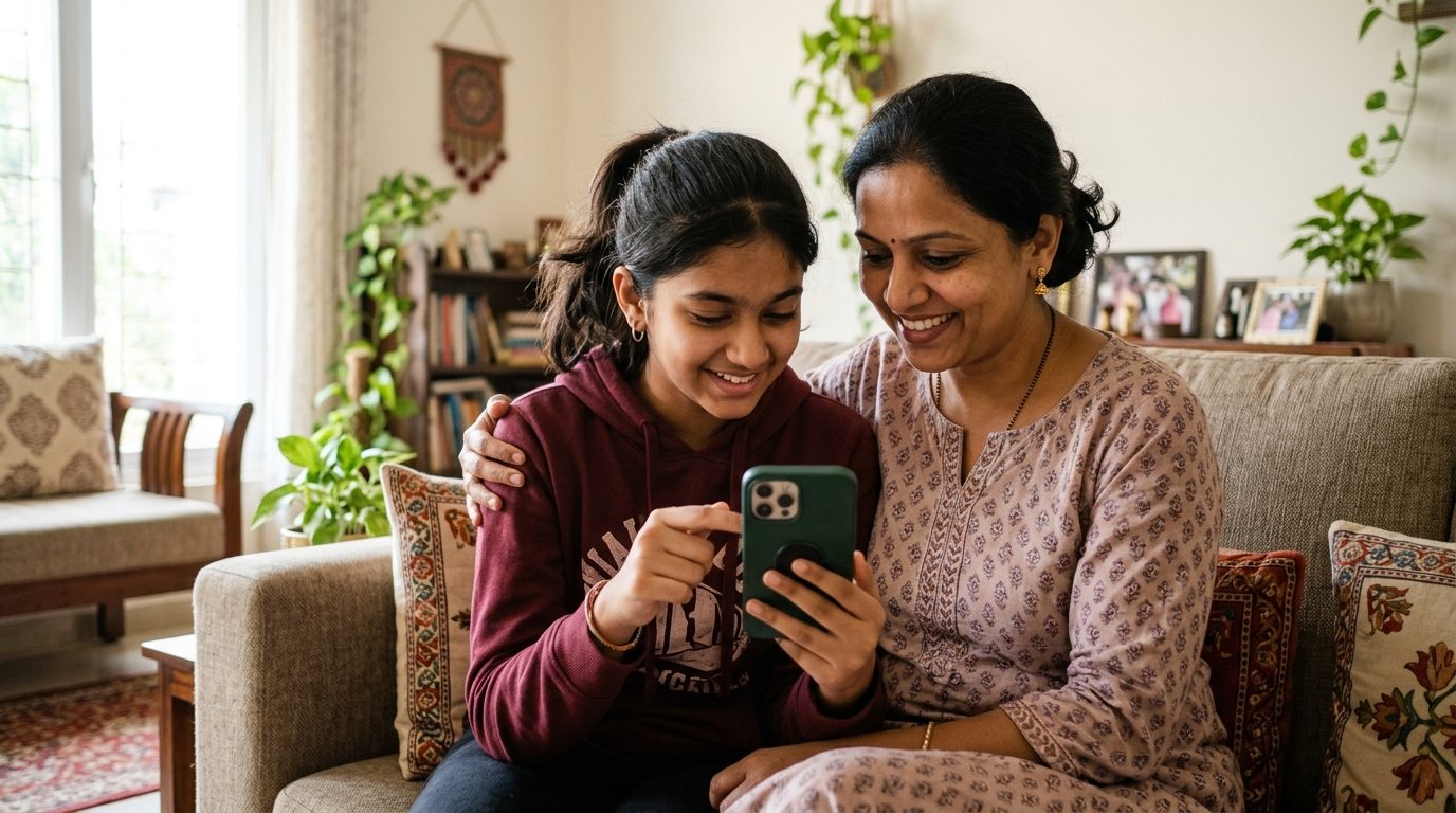 A mother and daughter looking at a phone together on a sofa