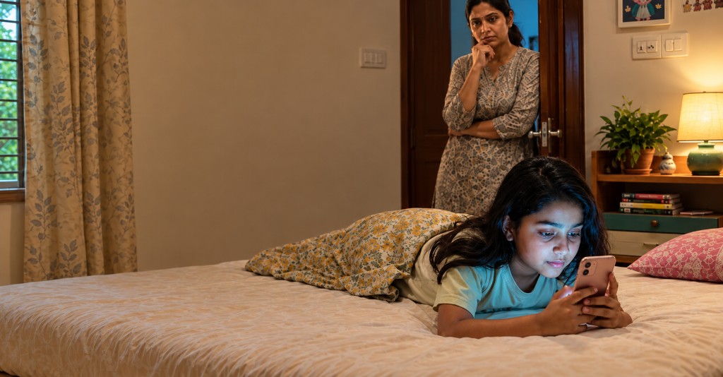 A child on a phone at night while a parent watches from the doorway