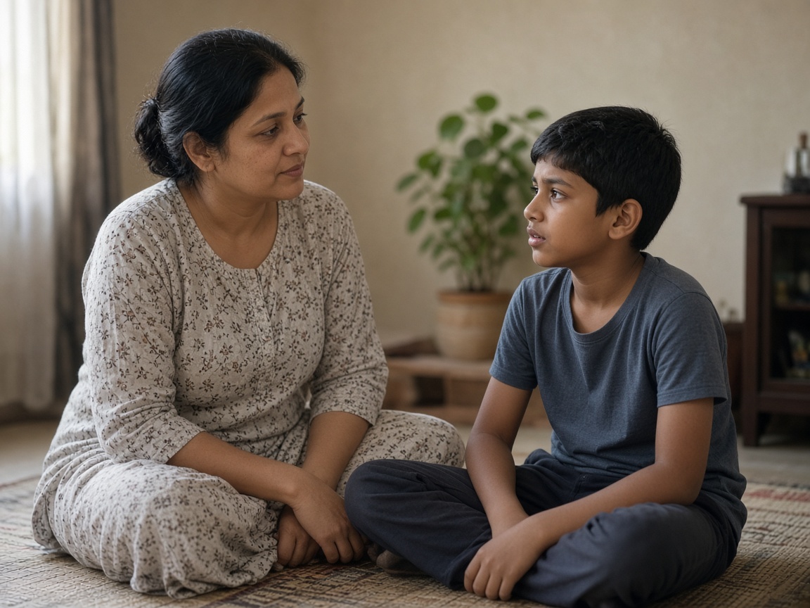 A mother sits at eye level with her son and listens while he talks