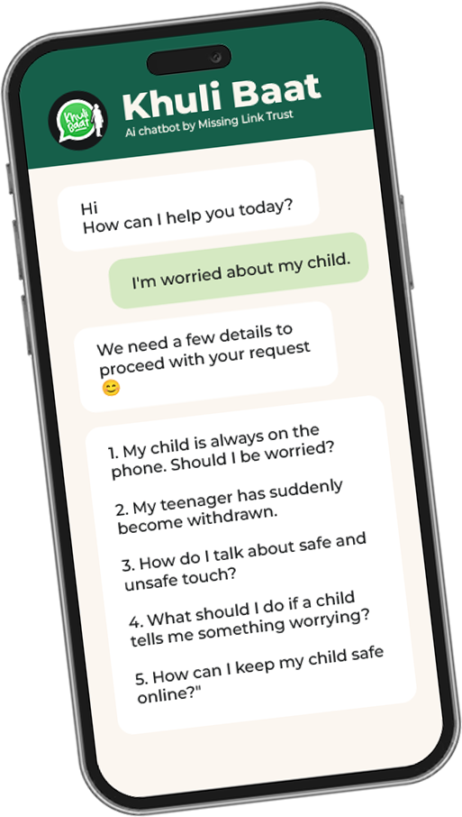 Khuli Baat WhatsApp chatbot on a phone — example questions parents can ask